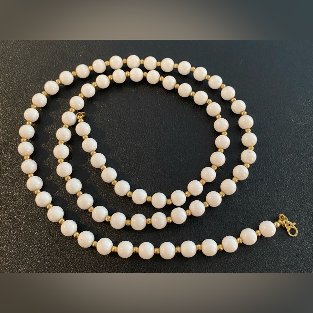 Monet Vintage White & Gold Tone Beaded Necklace - About 30" Long